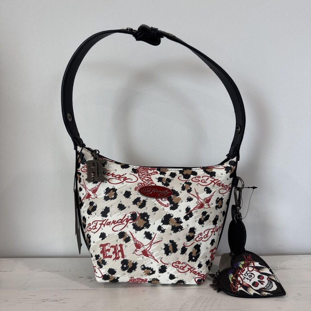 Ed Hardy Shoulder Bag Womens Small White Leopard Tattoo Skull Rhinestone Charm